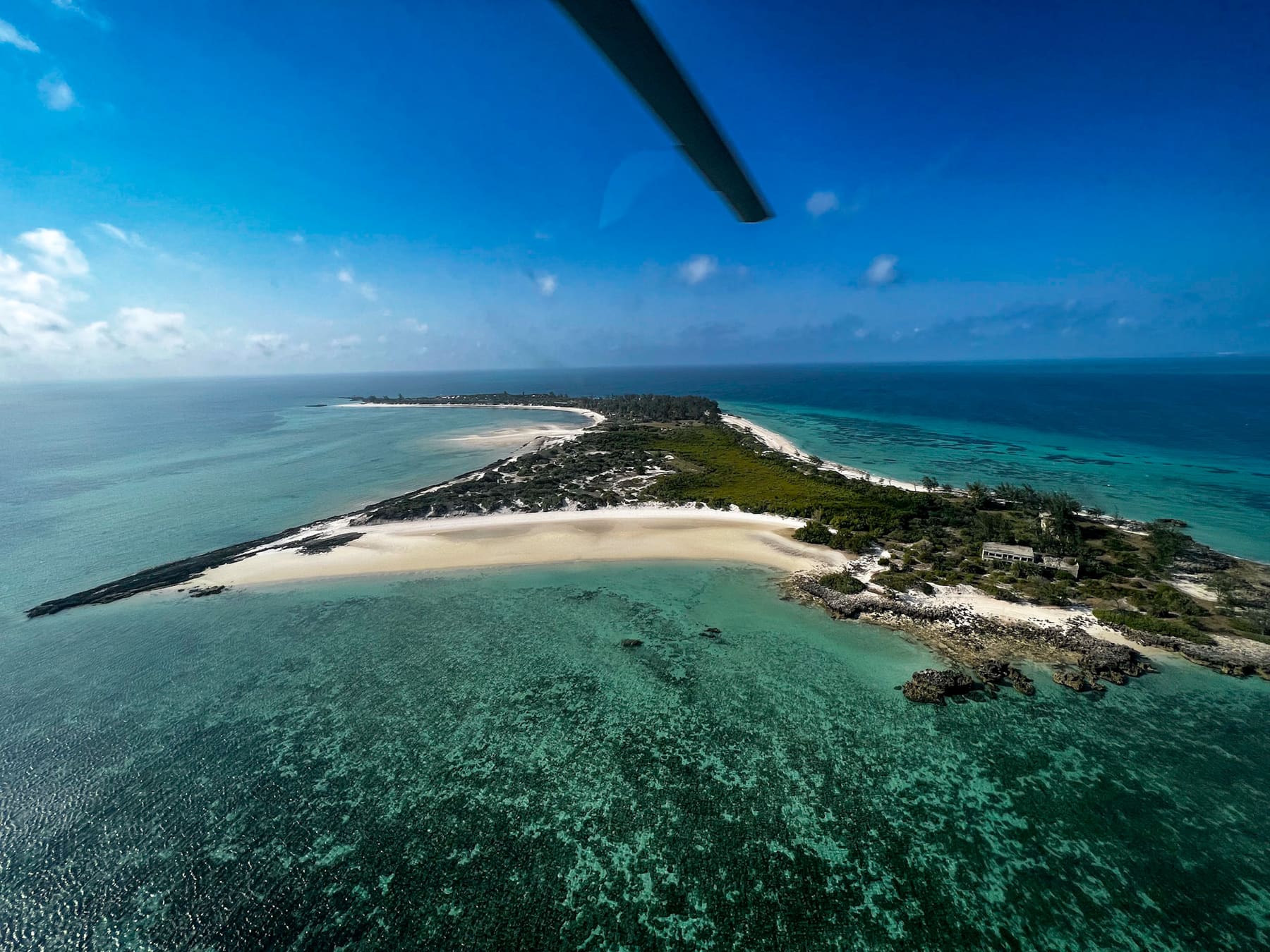 Aerial view of the Bazaruto Archipelago — turquoise sea, white sand, coral reefs